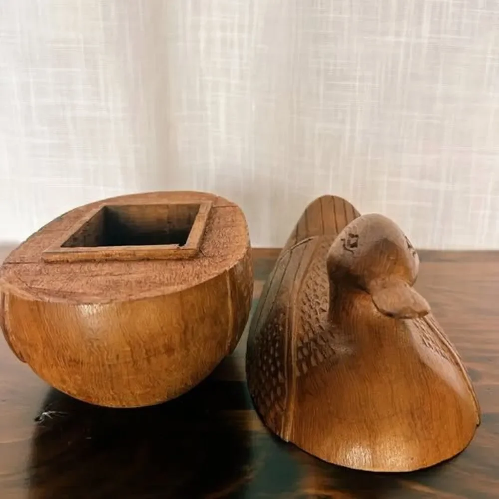 Vintage Hand-Carved Teak Wood Duck Trinket Box